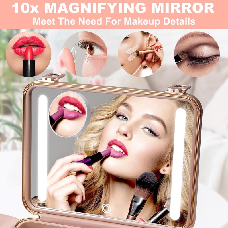 Mocado Travel Makeup Case with Lighted Mirror, 8 Makeup Brushes & 10x Magnifying Mirror, Adjustable Brightness Train Case (Pink) - Image 4